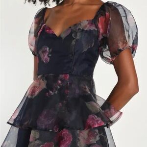 Lulus Oh-So Stunning Navy Blue Floral Organza Tiered Midi Dress